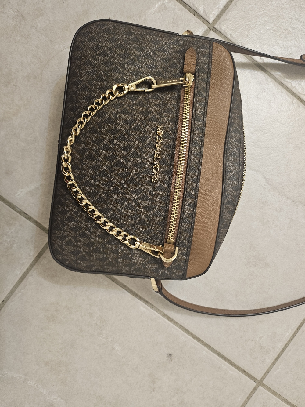 MICHAEL KORS Brown Logo Crossbody Bag with Gold Chain